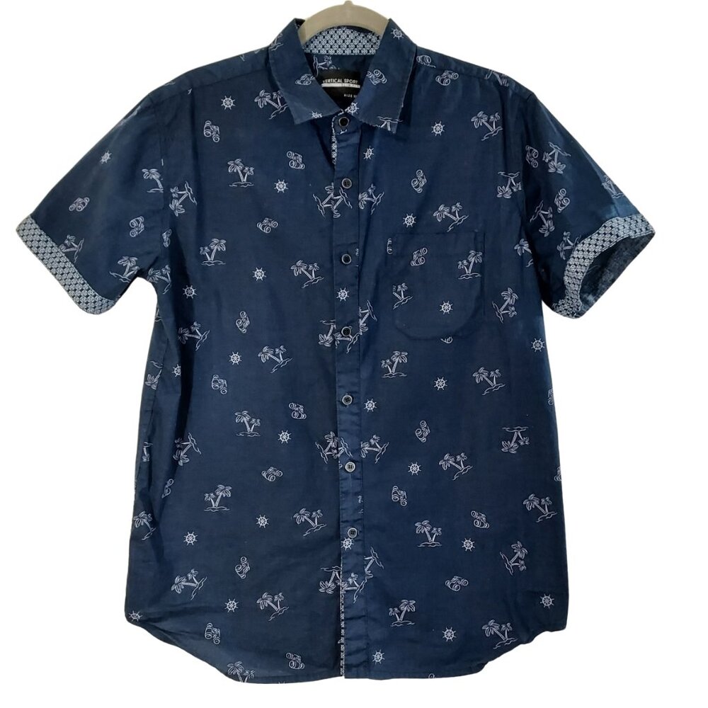 Vertical Sport Men's Casual Button Shirt Slim Fit Blue Short Sleeve XXL Tropical